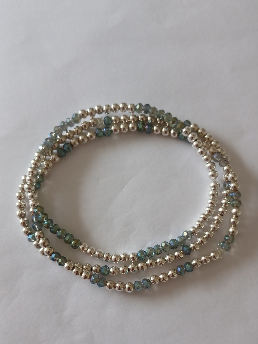 Set Of 3 Silver and Iridescent Blue Beaded Bracelets